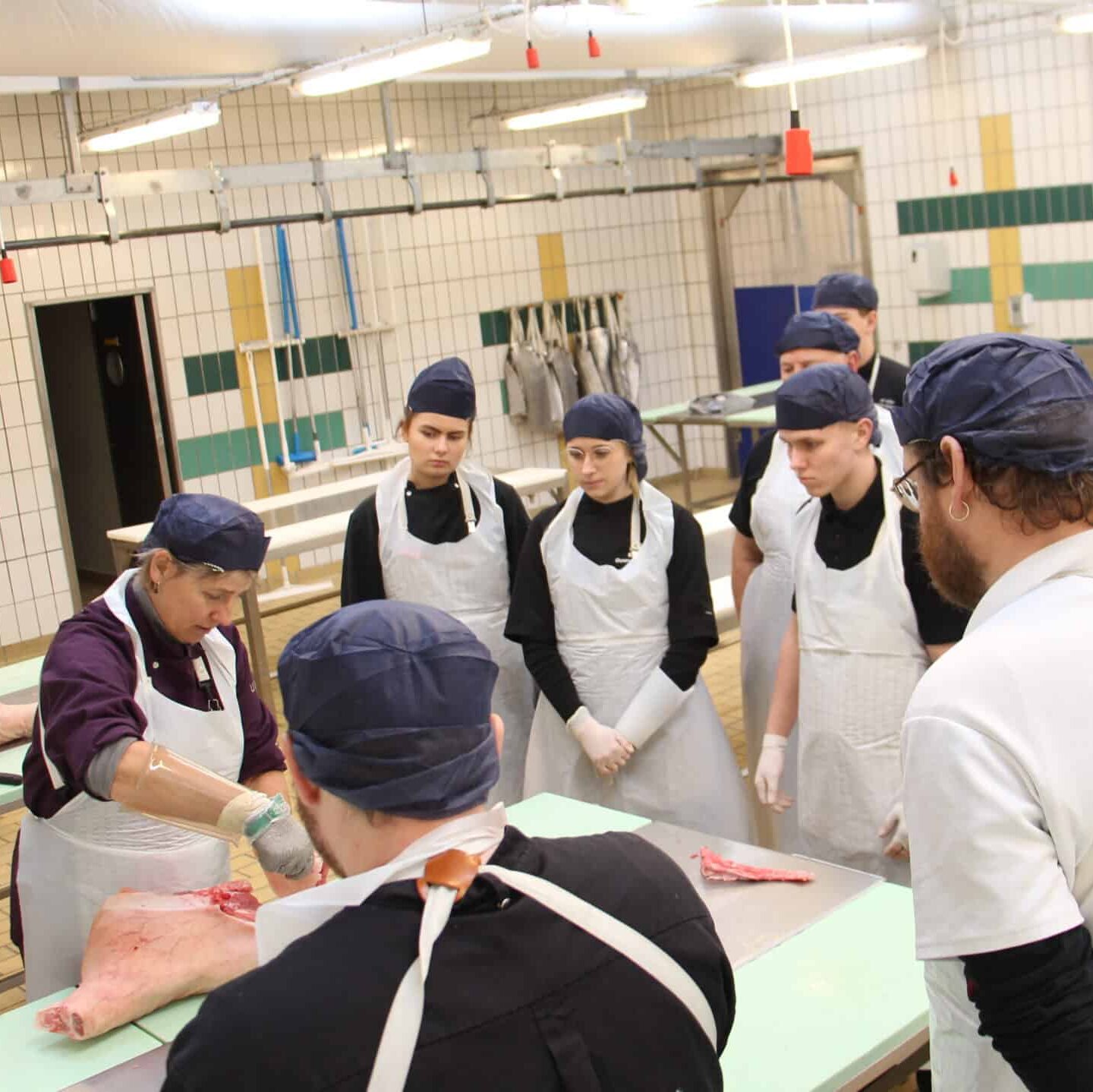 Slagterunderviser vise hvordan man skære kød ud, foran hele klassen